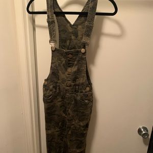 navy print denim overalls